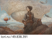 A fantasy digital illustration of a graceful woman in an ornate dress standing on a rocky cliff overlooking a fantastical landscape. Above her floats a huge airship with a delicate lace sail reminiscent of organic weaving or dream architecture. In the distance, hot air balloons, dragons and birds glide through the sky. The image palette is soft, warm and detailed with textures. This work evokes associations with epic adventure, journeys to other worlds and magical realism. Perfect for book design, tarot cards, posters or use in fantasy projects. Стоковое AI-изображение, AI-художник Анна Кривицкая / Фотобанк Лори