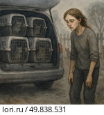 An emotional illustration, done in watercolor, depicts a tired female volunteer standing next to a car with the back door open. In the trunk are four carriers with cats waiting to be transported or placed. The atmosphere of the image conveys fatigue, emotional stress and the burden of the daily struggle for the lives of homeless animals. The illustration is suitable for the topics of animal protection, volunteering, shelters, animal rescue, charity, as well as publications in social campaigns and animal aid funds. Стоковое AI-изображение, AI-художник Анна Кривицкая / Фотобанк Лори