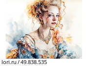 A watercolor portrait of a young woman in an 18th-century outfit. She has fair skin, blue eyes, and lush blond curls adorned with flowers. The woman is wearing a rich dress with a floral pattern in pastel colors, and a vintage necklace with stones around her neck, complementing the overall romantic and aristocratic image. The style of the image is graceful, with delicate detailing and airy brushstrokes. The painting conveys an atmosphere of sophistication, femininity, and the Rococo era. Стоковое AI-изображение, AI-художник Анна Кривицкая / Фотобанк Лори