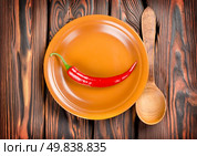 Pepper in a plate and spoon on a wooden background. Стоковое фото, агентство Ingram Publishing / Фотобанк Лори