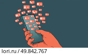 Бесконечный поток уведомлений вырывается из смартфона в руке. Концептуальная иллюстрация о цифровой перегрузке, стрессе и многозадачности в современном мире. Стиль ризография. Редакционное AI-изображение, AI-художник Ирина Першина / Фотобанк Лори