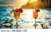 Cocktails on the beach at sunset. Summer vacation concept. Стоковое AI-изображение, AI-художник Васильева Юлия / Фотобанк Лори