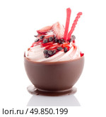 Tasteful strawberry and chocolate pastry mousse isolated on white background. Стоковое фото, агентство Ingram Publishing / Фотобанк Лори