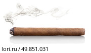 Smoking havana cigar isolated on a white background. Стоковое фото, агентство Ingram Publishing / Фотобанк Лори