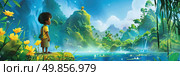 A painting of a boy standing in the midst of a lush jungle, surrounded by towering trees and vibrant greenery. Стоковое AI-изображение, AI-художник Данила Большаков / Фотобанк Лори