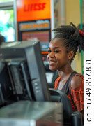 A young girl is seen standing in front of a cash register, with her hand reaching for the buttons. The cashiers desk is cluttered with items. Стоковое AI-изображение, AI-художник Данила Большаков / Фотобанк Лори