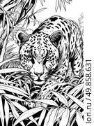 A black and white drawing of a leopard prowling through the jungle, showcasing its sleek fur and sharp features amidst lush foliage. Стоковое AI-изображение, AI-художник Данила Большаков / Фотобанк Лори