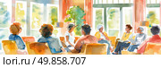 Several individuals gathered around a table, engaged in conversation and possibly dining together in a room depicted in a painting. Стоковое AI-изображение, AI-художник Данила Большаков / Фотобанк Лори