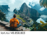 A breathtaking photograph of a tourist sitting on the edge of a viewing platform overlooking the ancient city of Machu Picchu, lost in the mountains of Peru. The young man with an orange backpack and a yellow T-shirt enjoys the panorama of the legendary Incan city, surrounded by dense jungle and majestic Andes shrouded in clouds. The scene conveys the spirit of adventure, freedom and unity with history and nature. The photo is filled with the atmosphere of travel and discovery.Perfect for use in the tourism industry, advertising materials, travel blogs, articles about historical places and adventure tourism. Стоковое AI-изображение, AI-художник Анна Кривицкая / Фотобанк Лори