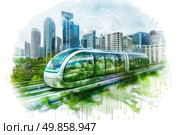 A green and white train is seen swiftly moving through a busy cityscape, surrounded by tall buildings and urban infrastructure. Стоковое AI-изображение, AI-художник Данила Большаков / Фотобанк Лори