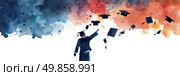 A painting depicting a graduate joyfully throwing their cap in the air in celebration of their academic achievement. Стоковое AI-изображение, AI-художник Данила Большаков / Фотобанк Лори