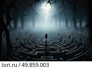 A man stands in the middle of a complex maze, looking around for an exit. Стоковое AI-изображение, AI-художник Данила Большаков / Фотобанк Лори