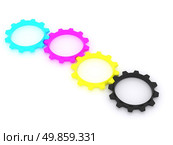 CMYK, Cyan, Magenta, Yellow, Key, in the form of gears. the concept of print settings. 3d. Стоковое фото, агентство Ingram Publishing / Фотобанк Лори