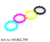 CMYK, Cyan, Magenta, Yellow, Key, in the form of gears. the concept of print settings. 3d. Стоковое фото, агентство Ingram Publishing / Фотобанк Лори