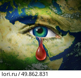 Violence in the middle east as a map of countries as Egypt Syria Iran Israel Saudi Arabia Libya Yemen Iraq with an eye that is crying a red tear of blood as a symbol of the brutality and tragic victims of war and conflict. Стоковое фото, агентство Ingram Publishing / Фотобанк Лори
