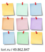 Reminder office notes with six blank paper memos on a white background wall pinned with a red thumb tack as a symbol of business comunication and sending messages to employees. Стоковое фото, агентство Ingram Publishing / Фотобанк Лори