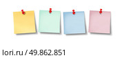 Blank office sticky notes in a line up of empty editable paper memos representing business comunication and employee social network exchange with yellow pink blue and green pages and a red thumb tack on white. Стоковое фото, агентство Ingram Publishing / Фотобанк Лори