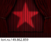 Red curtains with a star light shinning on the velvet drapes on a stage as a symbol of cinema and theatre acting performance entertainment or movie rating to award and rate a show or video. Стоковое фото, агентство Ingram Publishing / Фотобанк Лори