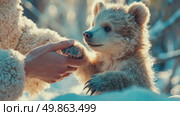 Encounter: Human interacts gently with bear cub, handshake, paw. Nature, affection, friendship, and tenderness are themes. Стоковое AI-видео, аниматор Данила Большаков / Фотобанк Лори