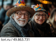 A positive photo of a smiling elderly couple in festive hats. The man in the foreground looks at the camera with a warm, sincere smile. He is wearing glasses, a gray beard and moustache, a warm coat and a bright, textured hat. Next to him is a woman, also wearing glasses and a colorful festive hat, smiling, creating an atmosphere of coziness, joy and goodwill. The photo is taken in warm colors, with a soft background and bokeh, perfectly conveying the atmosphere of celebration, closeness and happiness in adulthood.Suitable for themes of active longevity, family values, joy of life, birthdays, relationships and holidays. Стоковое AI-изображение, AI-художник Анна Кривицкая / Фотобанк Лори