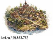 Watercolor illustration of a picturesque medieval village located on a hill by the river. Houses with tiled roofs and half-timbered facades are surrounded by trees, gardens and narrow streets. At the top stands a castle or church with a tower and a flag. The image is done in soft pastel colors, creating an atmosphere of coziness, antiquity and fairytale. Perfect for use in books, games, tabletop RPGs and fantasy visualizations. Стоковое AI-изображение, AI-художник Анна Кривицкая / Фотобанк Лори