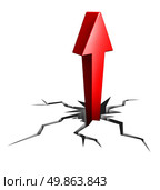 Breaking through to success as a financial and business icon of moving upward to opportunity and employment or career promotion as a professional with clear focused drive as a red arrow and broken cracked floor . Стоковое фото, агентство Ingram Publishing / Фотобанк Лори