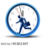 Urgent business deadline with a man in a suit and breifcase running in a clock with minute and hour hands ticjing away as a symbol of work pressure and financial stress based on time constraints or fast service. Стоковое фото, агентство Ingram Publishing / Фотобанк Лори