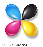 CMYK flower icon concept as cyan magenta yellow and black drops of ink or paint toner as a star symbol of four color printing and designer calibration of saturation and tonality of printed and digital content. Стоковое фото, агентство Ingram Publishing / Фотобанк Лори