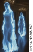 Ethereal Apparition: Glowing Spirits in Grand Hall. Стоковое AI-видео, аниматор Данила Большаков / Фотобанк Лори