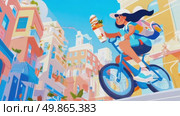 Delivery Ride: Girl on Bicycle with Food in a Colorful Town. Стоковое AI-видео, аниматор Данила Большаков / Фотобанк Лори