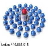 Role model as a leader concept with a guru teacher as sphere symbols on a podium teaching and training team follower students who learn from the guidance of business leadership and clear confident vision on a white background. Стоковое фото, агентство Ingram Publishing / Фотобанк Лори