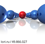Leader and power leadership concept with blue spheres as followers and a single red ball as the guide and authority to deliver a winning plan and business strategy for team success on a white background. Стоковое фото, агентство Ingram Publishing / Фотобанк Лори