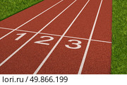 Competition sport concept at the starting line as a business symbol of the metaphore saying ready set go for the beginnings of a planned strategy for success as represented by a track and field stadium background as an icon of opportunity and setting goals. Стоковое фото, агентство Ingram Publishing / Фотобанк Лори