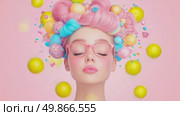 Sweet Dreamscape: Woman with Candy Hair and Floating Spheres. Стоковое AI-видео, аниматор Данила Большаков / Фотобанк Лори