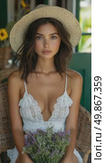 Portrait of a Woman in Straw Hat Holding Wildflowers. Стоковое AI-видео, аниматор Данила Большаков / Фотобанк Лори