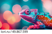 Exotic chameleon close-up with vibrant neon coloration and bokeh effect. Стоковое AI-изображение, AI-художник Данила Большаков / Фотобанк Лори