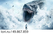 A conceptual adventure scene of a giant creature emerging from water confronting a man. Стоковое AI-изображение, AI-художник Данила Большаков / Фотобанк Лори