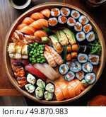 A round wooden plate filled with various types of sushi and rolls. The combination of bright colors of fresh ingredients - salmon, tuna, eel, shrimp, avocado, caviar and wasabi - makes the composition appetizing and visually attractive. Next to the plate are cups with soy sauce. The photo is taken in natural light on a wooden table, creating an atmosphere of coziness and gastronomic pleasure. Ideal for themes related to Japanese cuisine, restaurant business, food delivery and gastronomy. Стоковое AI-изображение, AI-художник Анна Кривицкая / Фотобанк Лори