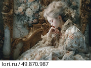 A sumptuous artistic portrait of a young woman in the Rococo style. She is depicted seated on a gilded throne with a richly decorated back, surrounded by stucco and floral motifs. Her dress is made of silk with delicate embroidery and lace, her hair is styled in an 18th century high hairstyle. The woman has thoughtfully lowered her head, pressing her fingers to her chin, creating an atmosphere of melancholy and grace. The painting is filled with a sense of the era, nobility and aesthetics of the Baroque and Rococo. Suitable for use in projects related to fashion history, art, theater, cultural heritage. Стоковое AI-изображение, AI-художник Анна Кривицкая / Фотобанк Лори