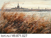 A watercolour panorama of a city against a river backdrop, done in a warm autumn palette. In the foreground are thickets of golden-brown reeds gently swaying in the wind. Across the river rises a majestic domed building reminiscent of the classical architecture of St. Petersburg. The soft light of the sunset and seagulls flying over the water give the scene an atmosphere of calm and nostalgia. The image is ideal for travel, architecture, nature and art themes. Стоковое AI-изображение, AI-художник Анна Кривицкая / Фотобанк Лори