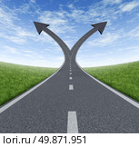 Success decision as a cross roads and upward growth streets in the shape of arrows showing a fork in the path representing the concept of direction when facing two equal or similar options. Стоковое фото, агентство Ingram Publishing / Фотобанк Лори
