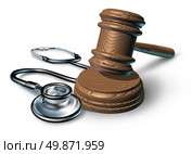 Medical malpractice and the legal proceedings in a work injury concept with a stethoscope and a judge gavel or mallet as a symbol of financial insurance law  issues in health care and medicine on white. Стоковое фото, агентство Ingram Publishing / Фотобанк Лори