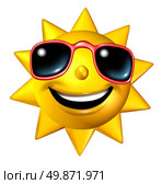 Happy smiling summer sun character with sunglasses in a frontal view as a  glowing hot seasonal ball of fun and a symbol of vacation and relaxation under a sunny weather isolated on white. Стоковое фото, агентство Ingram Publishing / Фотобанк Лори
