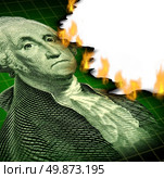 Losing your investment and financial debt crisis concept with a paper currency icon of George Washington and flames burning the paper as a symbol of declining wealth and finance despair. Стоковое фото, агентство Ingram Publishing / Фотобанк Лори