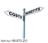 Costs and benefits dilemma street signs as a symbol of financial business choices in regards to managed risk  on an isolated on a white background. Стоковое фото, агентство Ingram Publishing / Фотобанк Лори