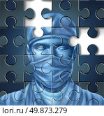 Medical care problems concept with a doctor and a surgeon mask symbol in a puzzle jigsaw texture with pieces missing as change to the status quo of the broken hospital service insurance that needs to be fixed. Стоковое фото, агентство Ingram Publishing / Фотобанк Лори