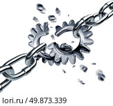 Broken partnership agreement chain breaking a financial deal or contract with metal connected links in the shape of gears or cogs as a disconnected business group pulling apart symbol. Стоковое фото, агентство Ingram Publishing / Фотобанк Лори