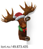 Christmas holiday northern moose with huge antlers holding a blank white sign wearing a santacluse hat and a wreath with a red bow with copy space as a festive winter season communication and advertising for seasonal celebration of the new year. Стоковое фото, агентство Ingram Publishing / Фотобанк Лори
