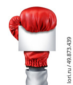 Fight and competition sign with an isolated red boxing glove holding a blank white card as a business symbol of competitive sales or boxing day specials after the christmas holidays isolated on a white background. Стоковое фото, агентство Ingram Publishing / Фотобанк Лори