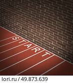 New business problems as unaccessible closed opportunities and no access to financial oppotunities as a track and field race track start position with a brick wall blocking the way forward. Стоковое фото, агентство Ingram Publishing / Фотобанк Лори
